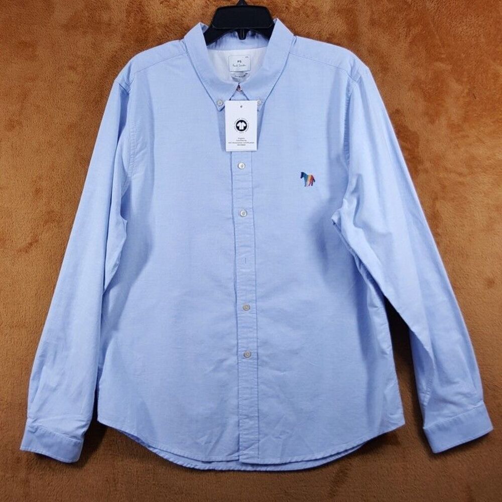 PAUL SMITH Shirt Mens Small Solid Blue Button Down Long Sleeve Logo $195